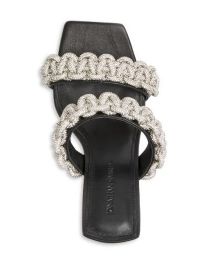 JONATHAN SIMKHAI Womens Black Mixed Media Crystal Embellished Rope Detailing At Straps Padded Walker Square Toe Block Heel Slip On Heeled Sandal 38