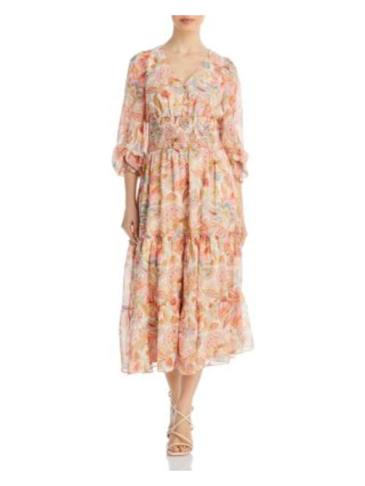 LUCY PARIS Womens Beige Smocked Lined Ruffled Layers Button Accents Sm Floral Pouf Sleeve V Neck Midi Empire Waist Dress XS