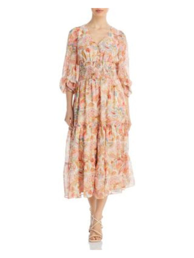 LUCY PARIS Womens Beige Smocked Lined Ruffled Layers Button Accents Sm Floral Pouf Sleeve V Neck Midi Empire Waist Dress XS