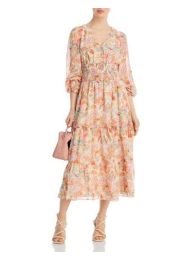 LUCY PARIS Womens Beige Smocked Lined Ruffled Layers Button Accents Sm Floral Pouf Sleeve V Neck Midi Empire Waist Dress XS
