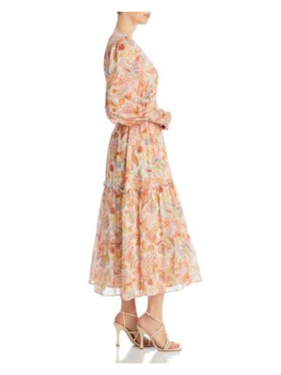 LUCY PARIS Womens Beige Smocked Lined Ruffled Layers Button Accents Sm Floral Pouf Sleeve V Neck Midi Empire Waist Dress XS