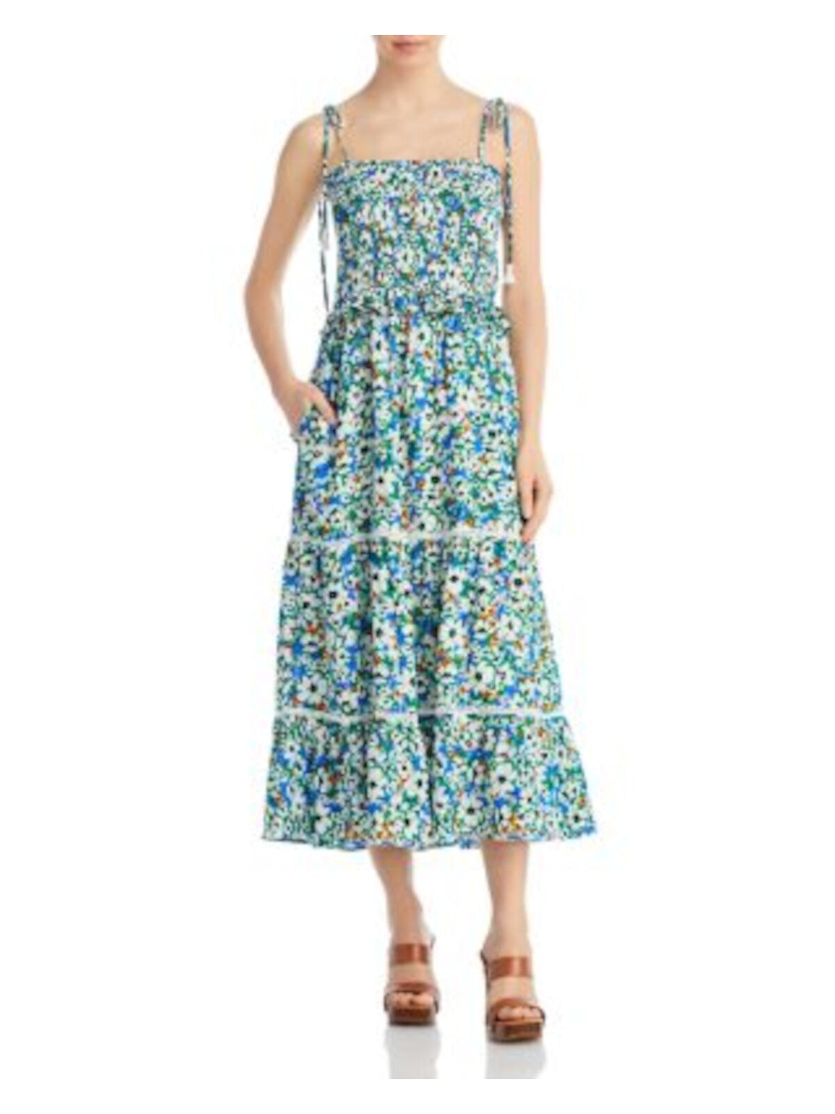LOST + WANDER Womens Green Pocketed Smocked Bodice Tiered Pullover Floral Spaghetti Strap Square Neck Midi Fit + Flare Dress XS