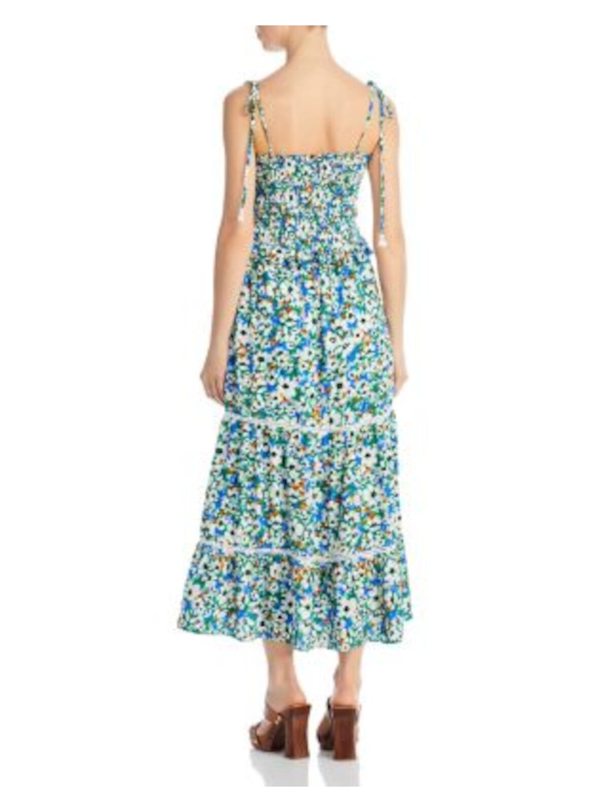 LOST + WANDER Womens Green Pocketed Smocked Bodice Tiered Pullover Floral Spaghetti Strap Square Neck Midi Fit + Flare Dress XS