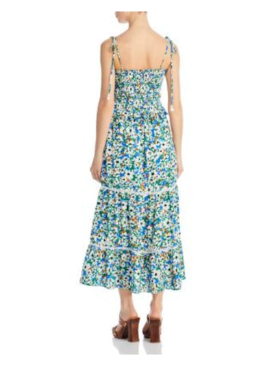 LOST + WANDER Womens Green Pocketed Smocked Bodice Tiered Pullover Floral Spaghetti Strap Square Neck Midi Fit + Flare Dress XS