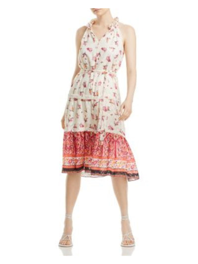 KOBI HALPERIN Womens Ivory Ruffled Lined Tie Belt Tiered Skirt Floral Sleeveless V Neck Below The Knee Shift Dress S