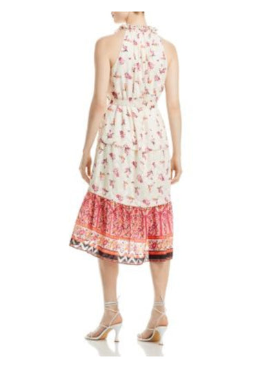 KOBI HALPERIN Womens Ivory Ruffled Lined Tie Belt Tiered Skirt Floral Sleeveless V Neck Below The Knee Shift Dress S