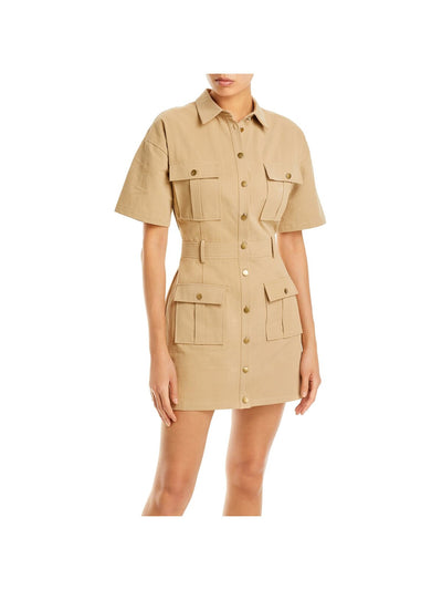 AQUA Womens Beige Pocketed Button Front Utility Short Sleeve Point Collar Mini Shirt Dress XL