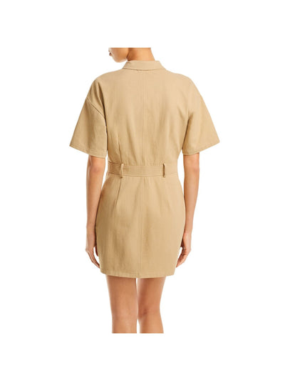 AQUA Womens Beige Pocketed Button Front Utility Short Sleeve Point Collar Mini Shirt Dress XL