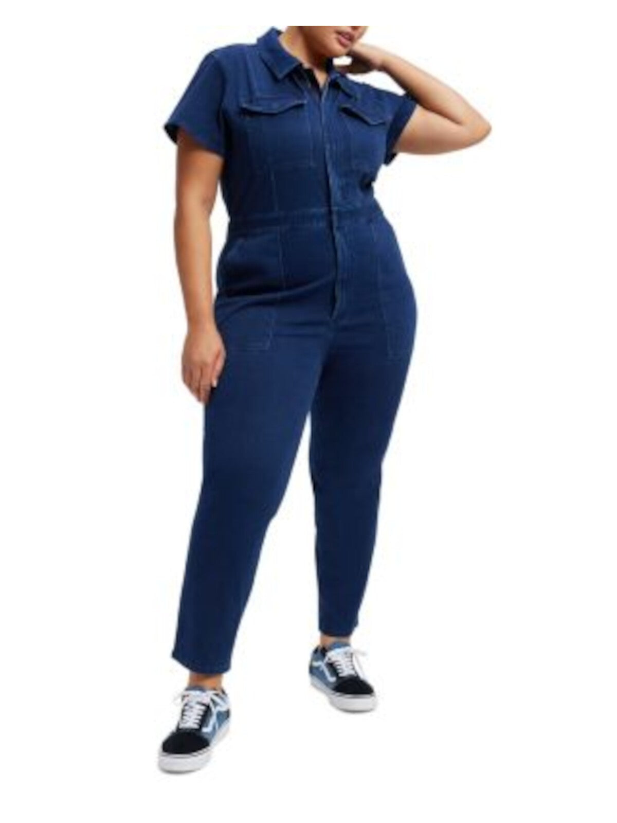 GOOD AMERICAN Womens Navy Zippered Pocketed Banded Waist Slim-leg Short Sleeve Point Collar High Waist Jumpsuit 0