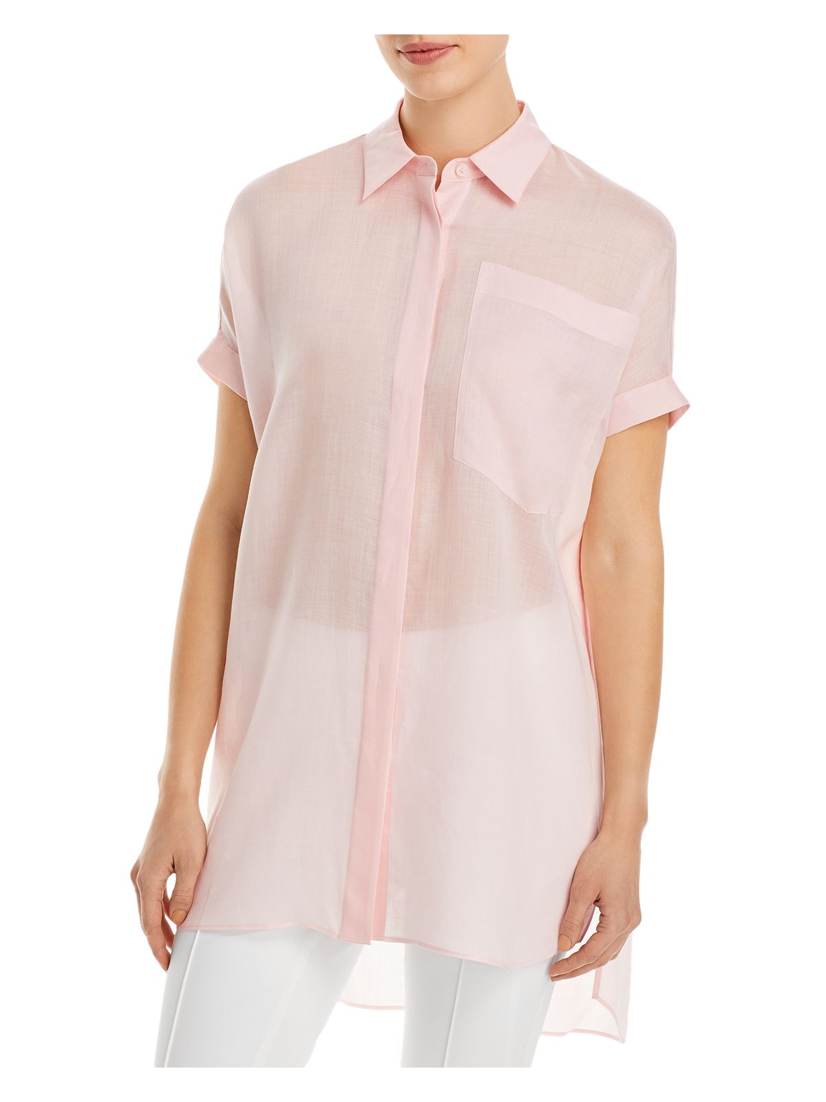 LAFAYETTE 148 NEW YORK Womens Pink Pocketed Button Front Split Step Hem Short Sleeve Collared Tunic Top XS\S