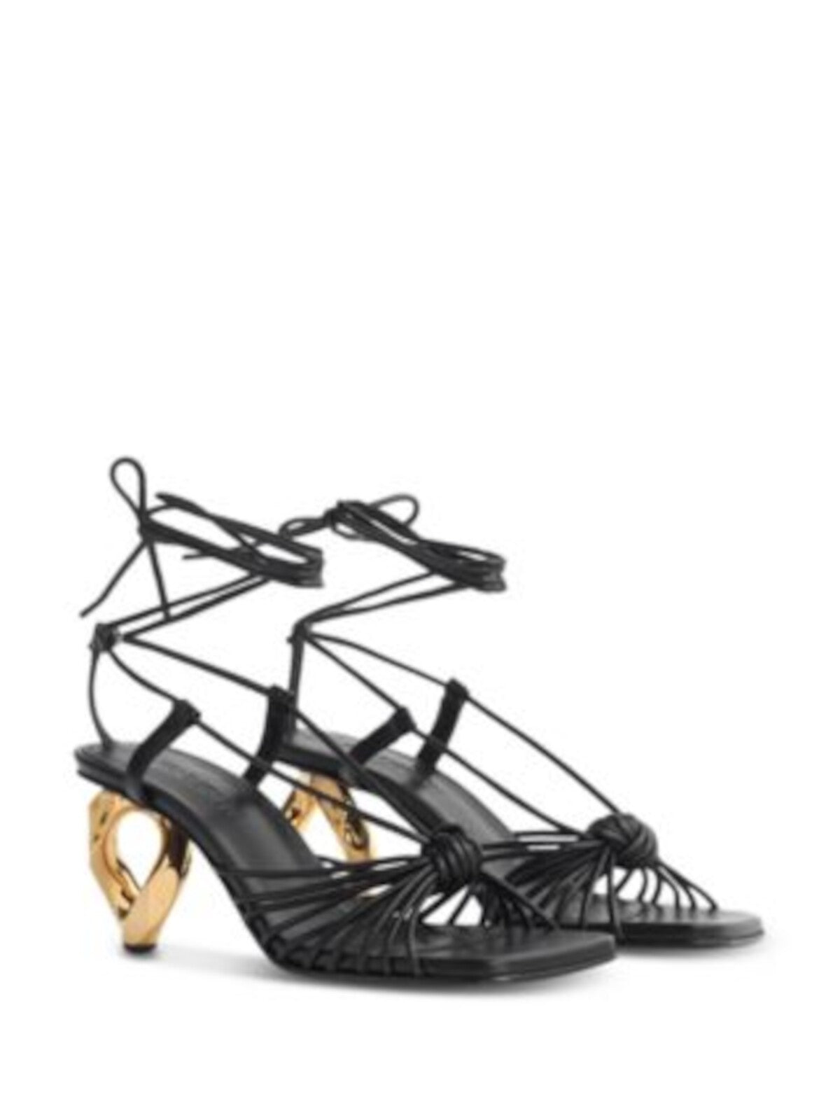 JW ANDERSON Womens Black Ankle Wrap Knotted Padded Strappy Lamb Square Toe Sculpted Heel Lace-Up Leather Heeled Sandal 36