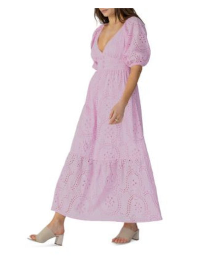 SANCTUARY Womens Pink Eyelet Zippered Tiered Hem Lined Pouf Sleeve V Neck Maxi Party Fit + Flare Dress 10