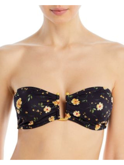 AQUA Women's Black Floral Kristopher Brock Bandeau Swimwear Top M