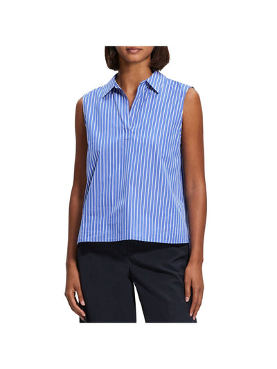 THEORY Womens Blue Striped Sleeveless Collared Top S