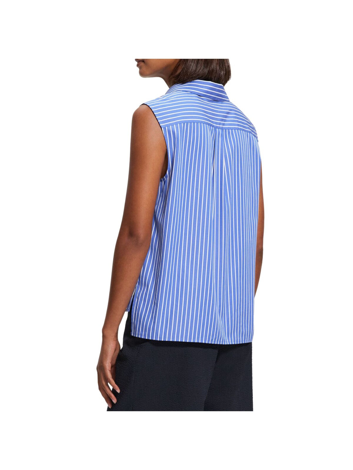 THEORY Womens Blue Striped Sleeveless Collared Top S