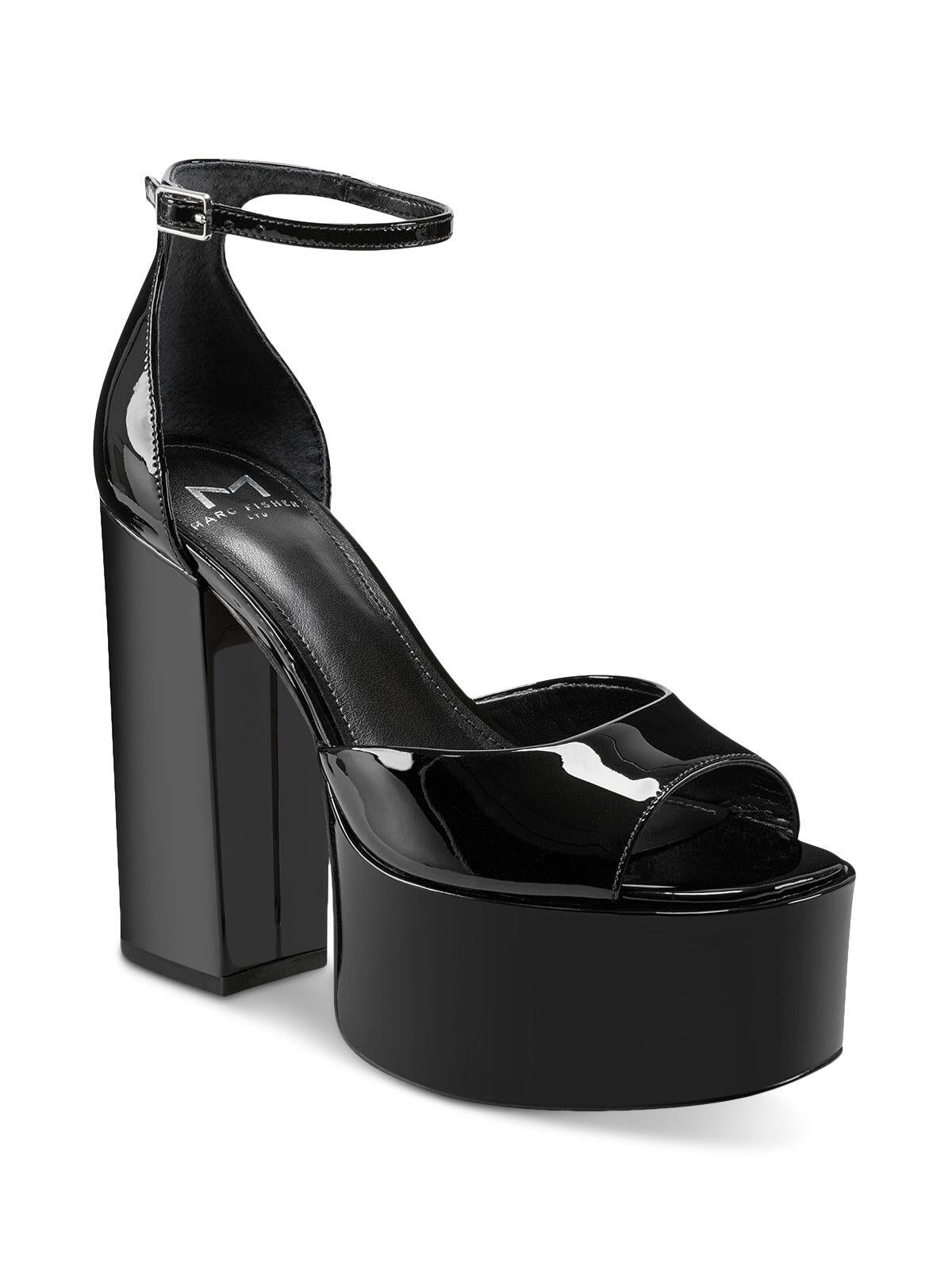 MARC FISHER LTD Womens Black 2" Platform Ankle Strap Cushioned Midella Square Toe Block Heel Buckle Leather Dress Heeled Sandal 10 M