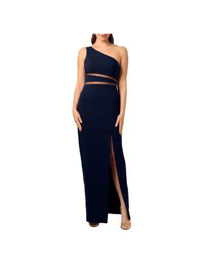 LIV FOSTER Womens Navy Zippered Slitted Mesh Inset Waist Lined Sleeveless Asymmetrical Neckline Full-Length Evening Gown Dress 0