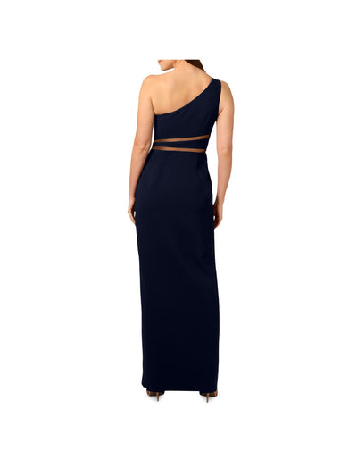 LIV FOSTER Womens Navy Zippered Slitted Mesh Inset Waist Lined Sleeveless Asymmetrical Neckline Full-Length Evening Gown Dress 6