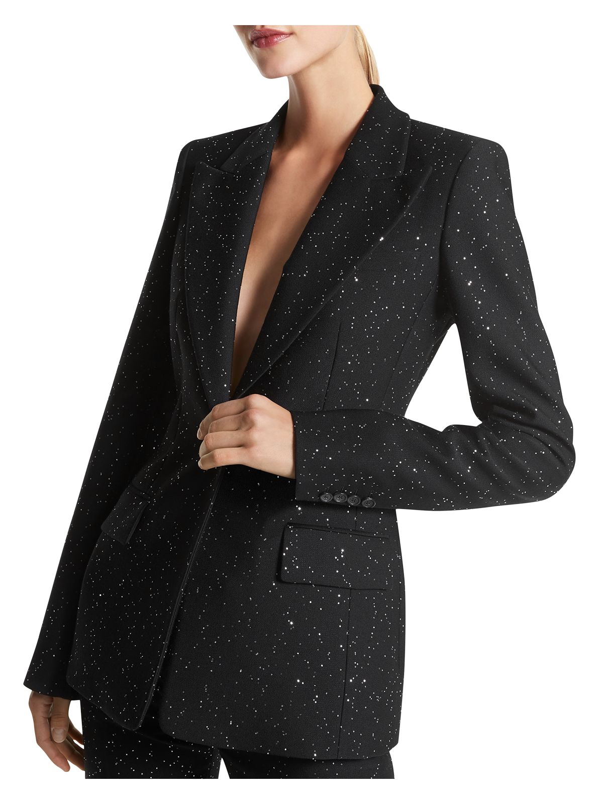 MICHAEL KORS COLLECTION Womens Black Sequined Pocketed Single Breasted Lined Wear To Work Blazer Jacket 2