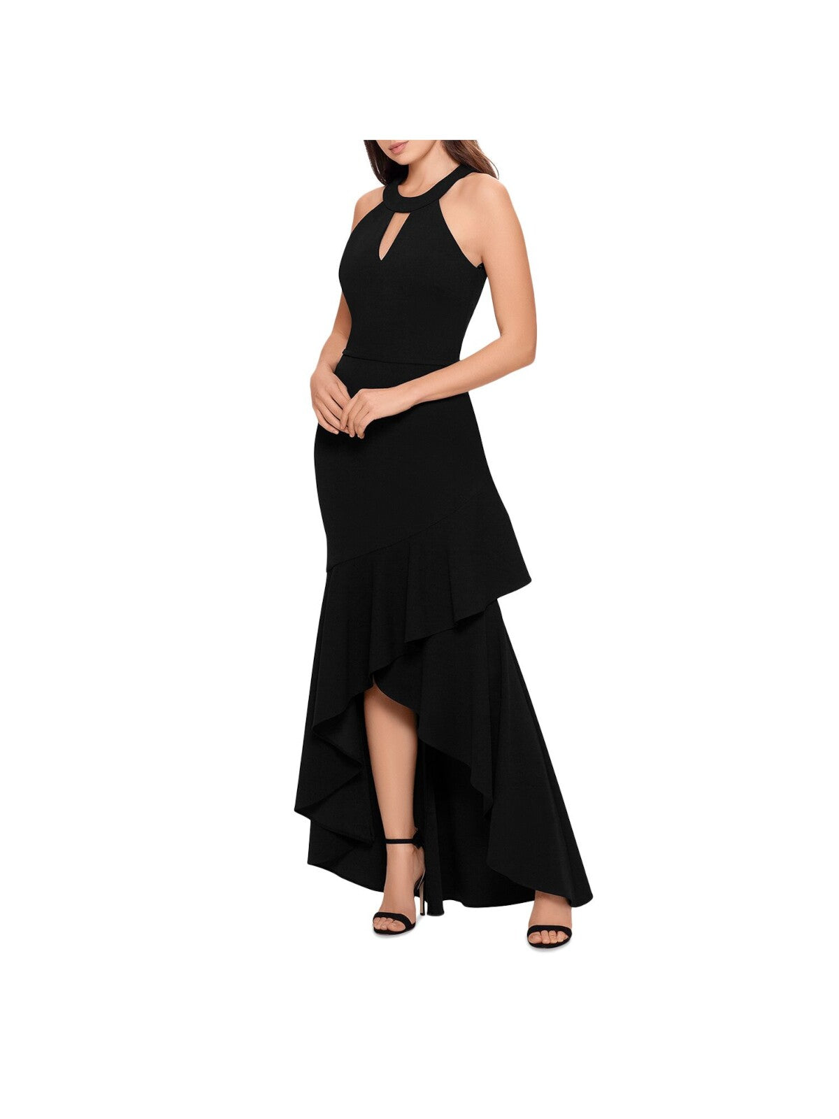 AQUA FORMAL Womens Black Zippered Lined Faux Wrap Skirt Back Keyhole Sleeveless Keyhole Full-Length Formal Hi-Lo Dress 4