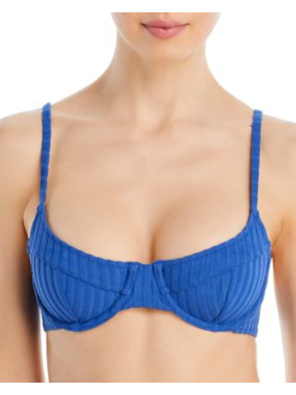 SOLID & STRIPED Women's Blue Stretch Back Clasp Ribbed Adjustable Emily Scoop Neck Swimwear Top S