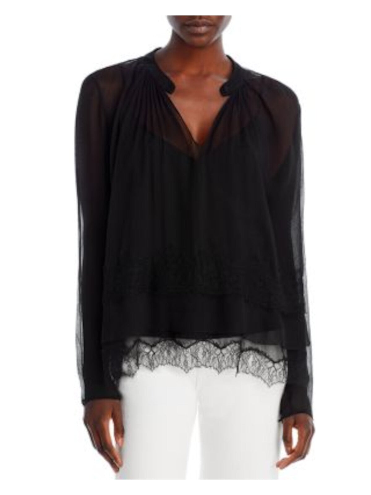 JASON WU Womens Black Gathered Lined Scalloped Lace Inset And Hem Long Sleeve V Neck Cocktail Top 10