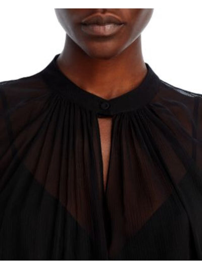 JASON WU Womens Black Gathered Lined Scalloped Lace Inset And Hem Long Sleeve V Neck Cocktail Top 10