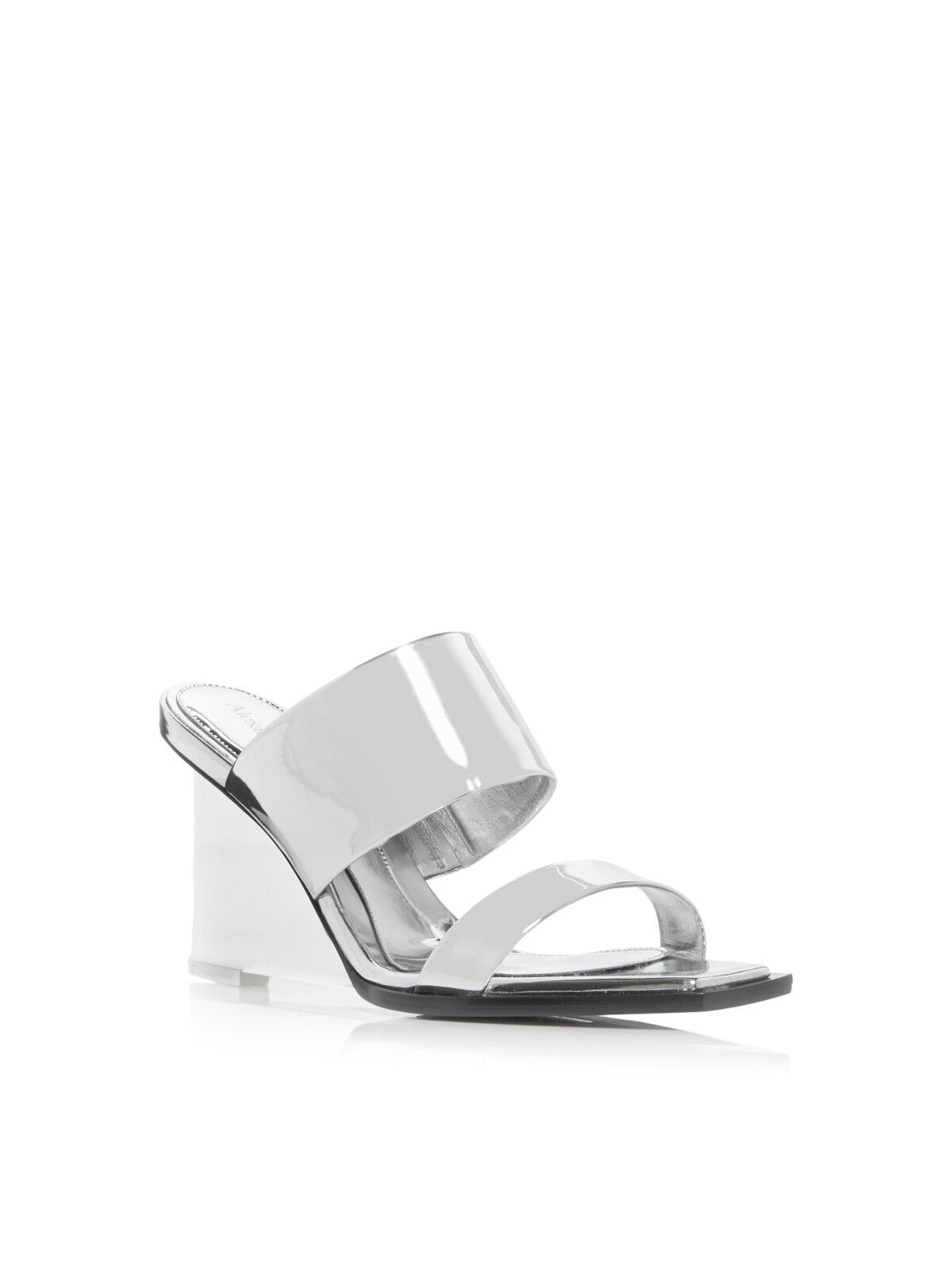 ALEXANDER MCQUEEN Womens Silver Transparent Plexiglass Strappy Metallic Padded Shard Square Toe Wedge Slip On Dress Heeled Sandal 39