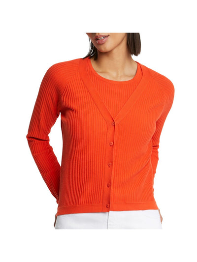 PAULE KA Womens Orange Ribbed Short Length Long Sleeve V Neck Wear To Work Button Up Cardigan XL