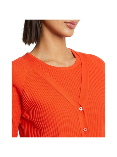 PAULE KA Womens Orange Ribbed Short Length Long Sleeve V Neck Wear To Work Button Up Cardigan XL