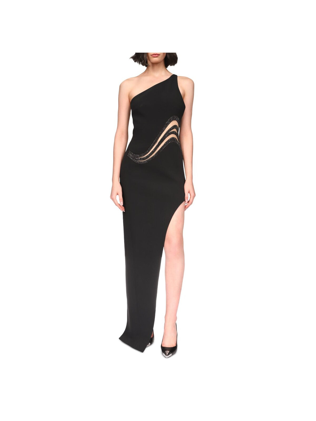 DAVID KOMA Womens Black Zippered Beaded Wavy Cut Outs Asymmetric Hem Sleeveless Asymmetrical Neckline Full-Length Cocktail Body Con Dress 10