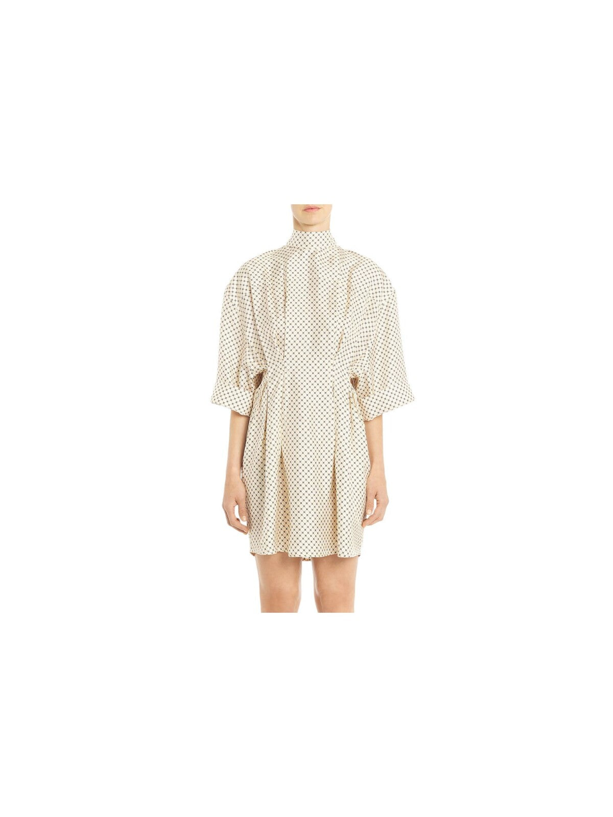 LANVIN Womens Beige Pleated Pocketed Tie Keyhole Back Geometric Cuffed Sleeve Mock Neck Above The Knee Shift Dress 40