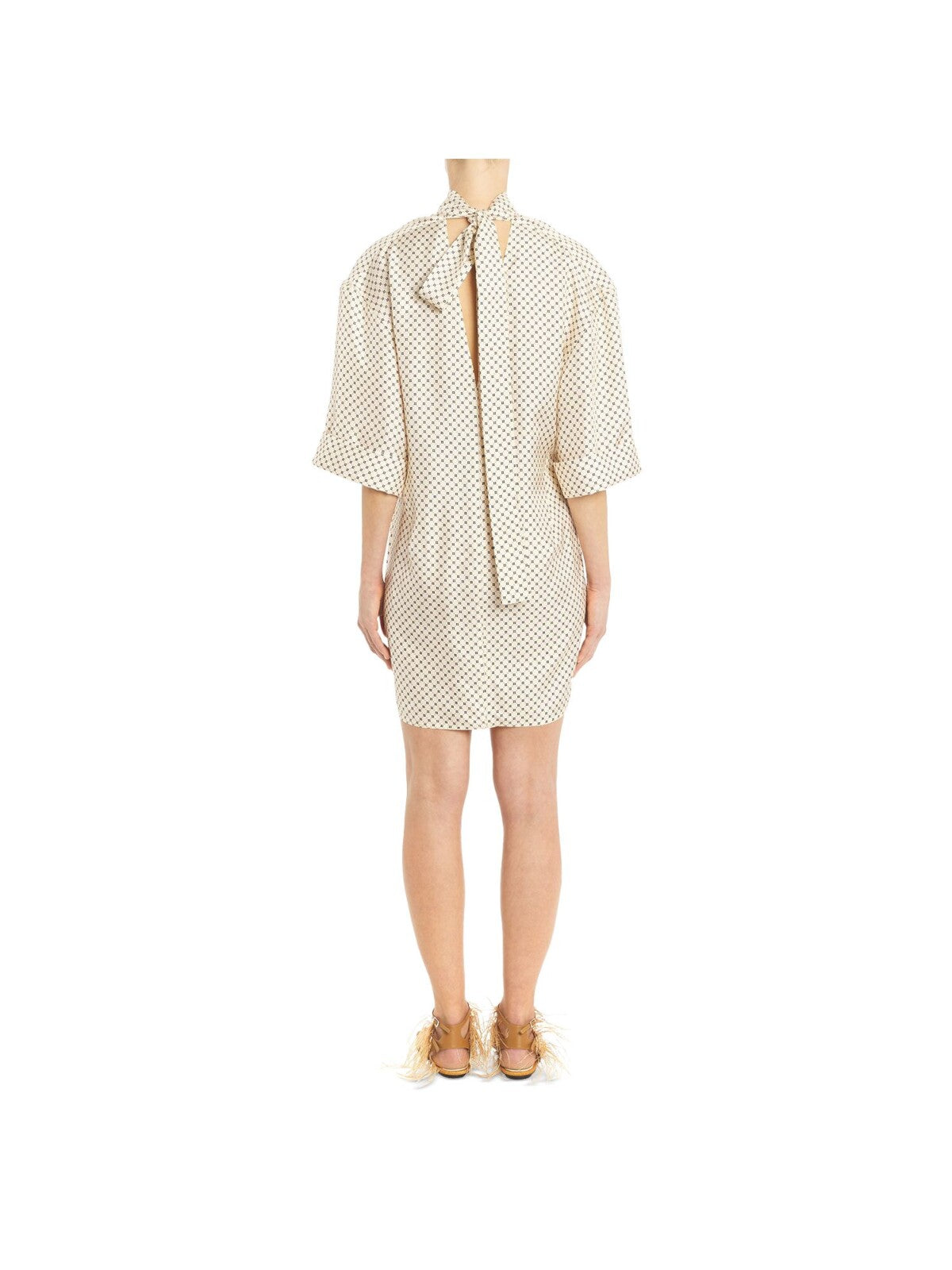 LANVIN Womens Beige Pleated Pocketed Tie Keyhole Back Geometric Cuffed Sleeve Mock Neck Above The Knee Shift Dress 40