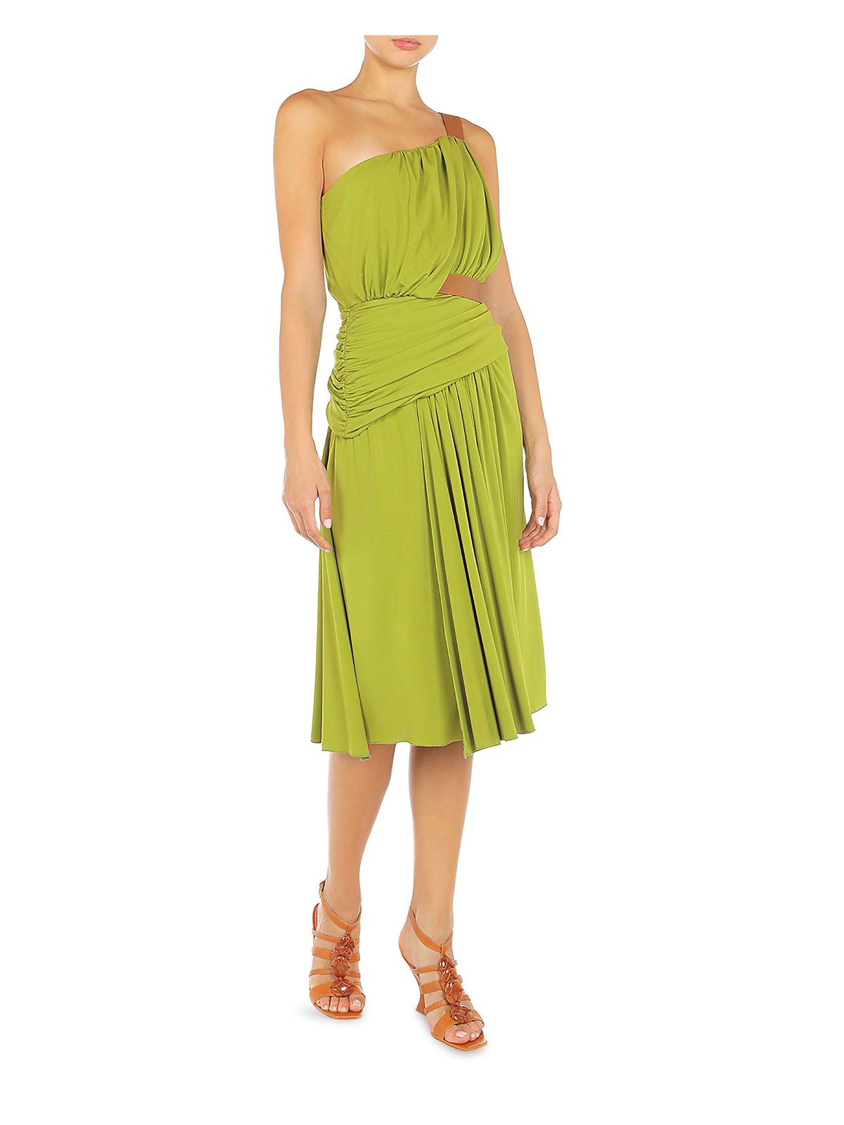 ALBERTA FERRETTI Womens Green Ruched Draped Front Sleeveless Asymmetrical Neckline Below The Knee Fit + Flare Dress 2