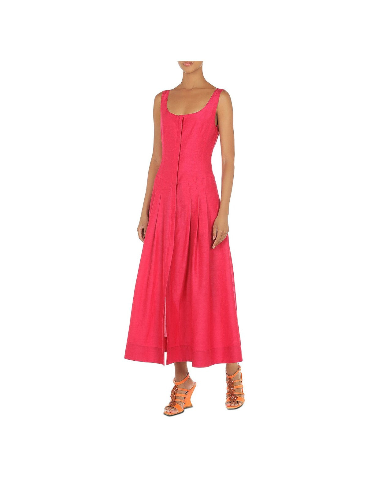 ALBERTA FERRETTI Womens Pink Zippered Pleated Front Slit Sleeveless Scoop Neck Midi Fit + Flare Dress 4