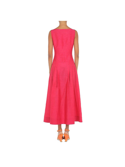 ALBERTA FERRETTI Womens Pink Zippered Pleated Front Slit Sleeveless Scoop Neck Midi Fit + Flare Dress 4