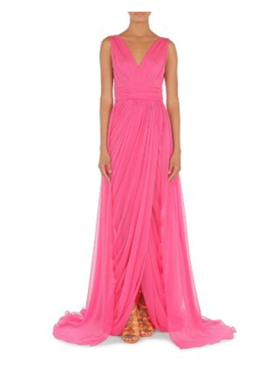 ALBERTA FERRETTI Womens Pink Pleated Zippered Ruched Layered Lined Sleeveless Surplice Neckline Full-Length Evening Gown Dress 6