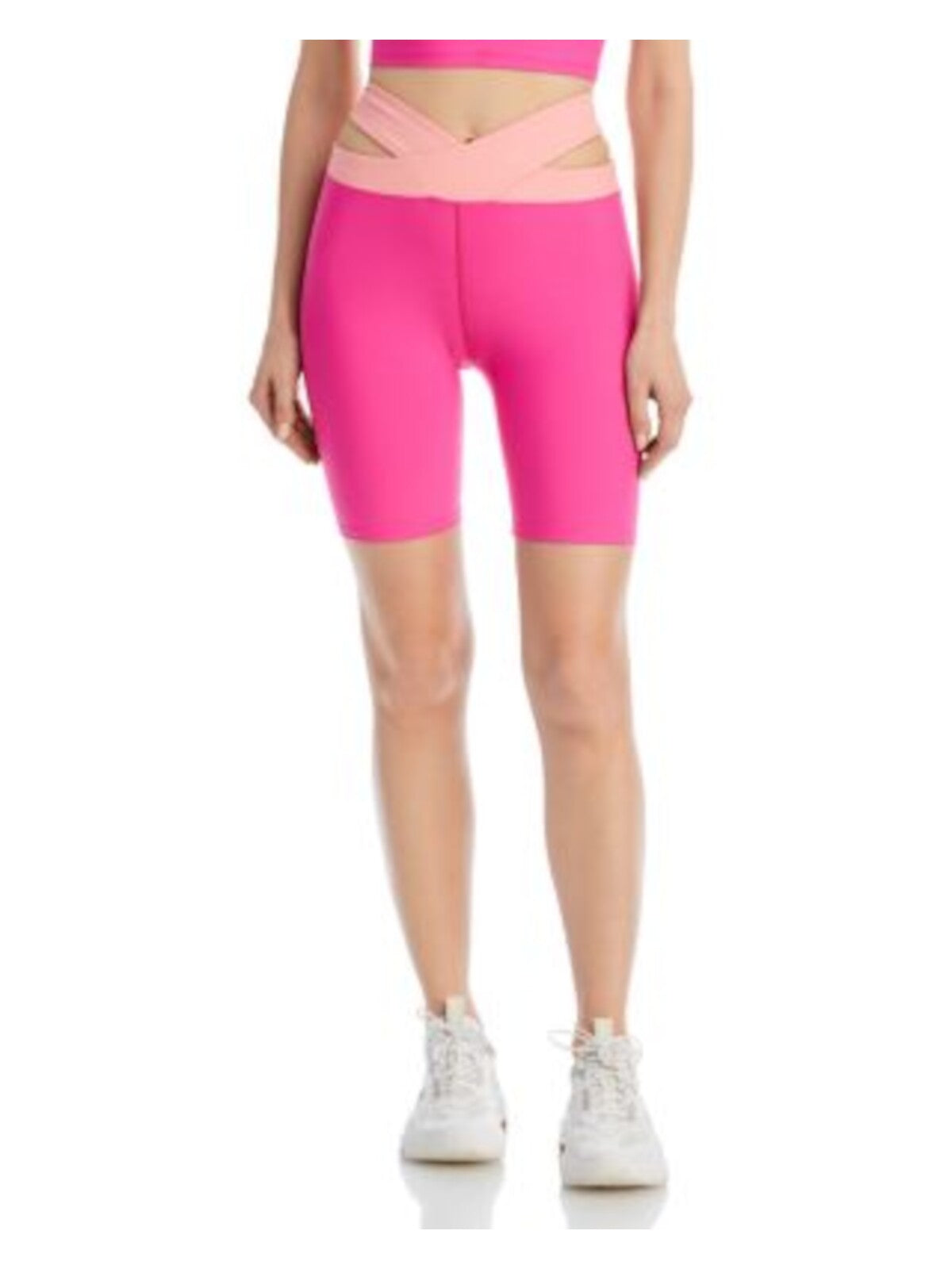 AQUA ATHLETIC Womens Pink Cut Out Moisture Wicking Crisscross High Waistband Color Block Active Wear Bike Shorts Shorts L