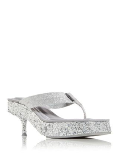 ALEXANDER WANG Womens Silver Glitter Padded Jessie Square Toe Kitten Heel Slip On Heeled Thong Sandals 37