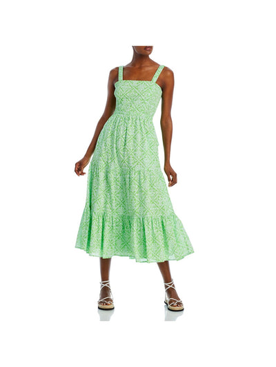 BANJANAN Womens Green Pocketed Tie Tiered Skirt Lined Elastic Waist Printed Sleeveless Square Neck Midi Dress XXL