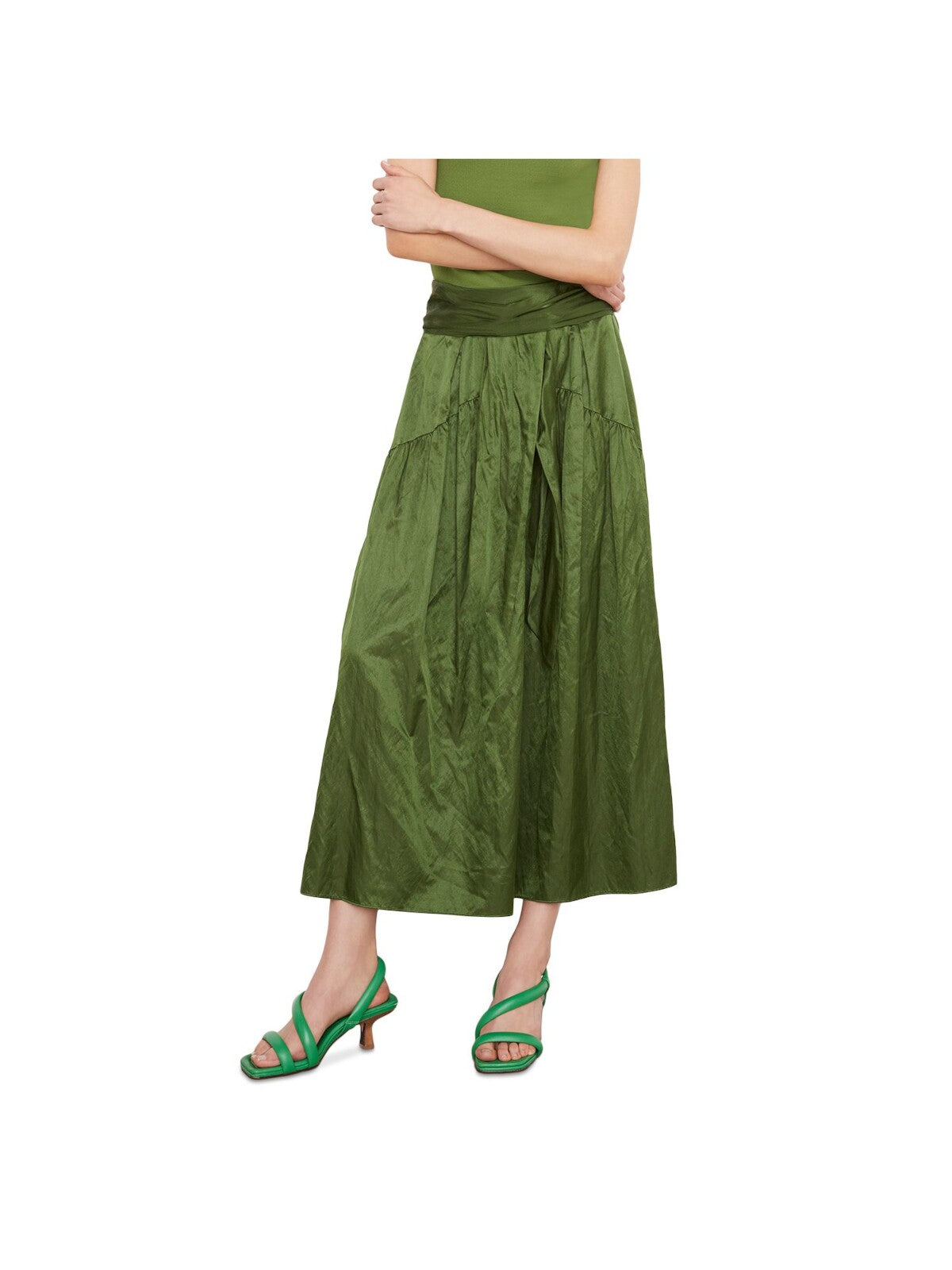 VINCE. Womens Green Gathered Lined Elastic Waist Pull-on Midi Wear To Work A-Line Skirt 4