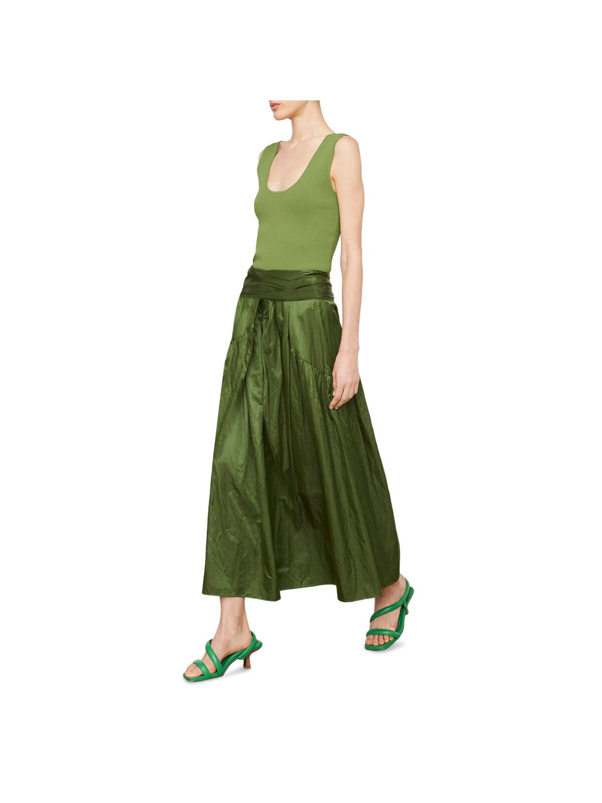 VINCE. Womens Green Gathered Lined Elastic Waist Pull-on Midi Wear To Work A-Line Skirt 4