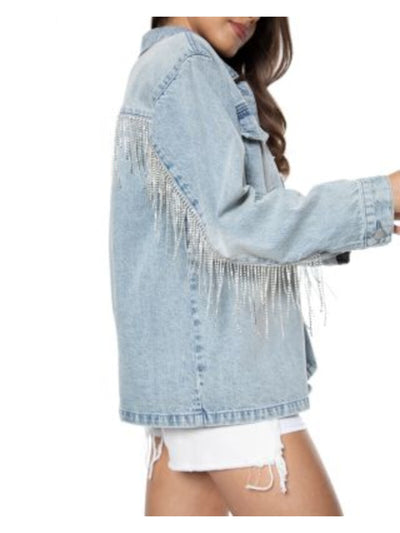 BLUE REVIVAL Womens Blue Fringed Pocketed Button Front Denim Jacket L