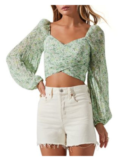 ASTR Womens Green Pleated Criss-cross Hem Smocked Back Floral Long Sleeve Sweetheart Neckline Crop Top L