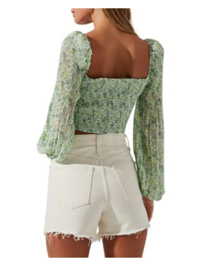 ASTR Womens Green Pleated Criss-cross Hem Smocked Back Floral Long Sleeve Sweetheart Neckline Crop Top L