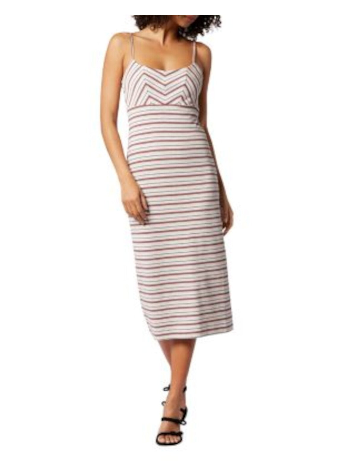 SOFT * JOIE Womens Beige Unlined Smocked Back Striped Spaghetti Strap V Neck Midi Sheath Dress S