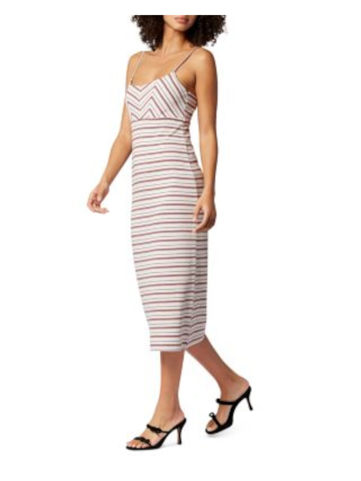 SOFT * JOIE Womens Beige Unlined Smocked Back Striped Spaghetti Strap V Neck Midi Sheath Dress S