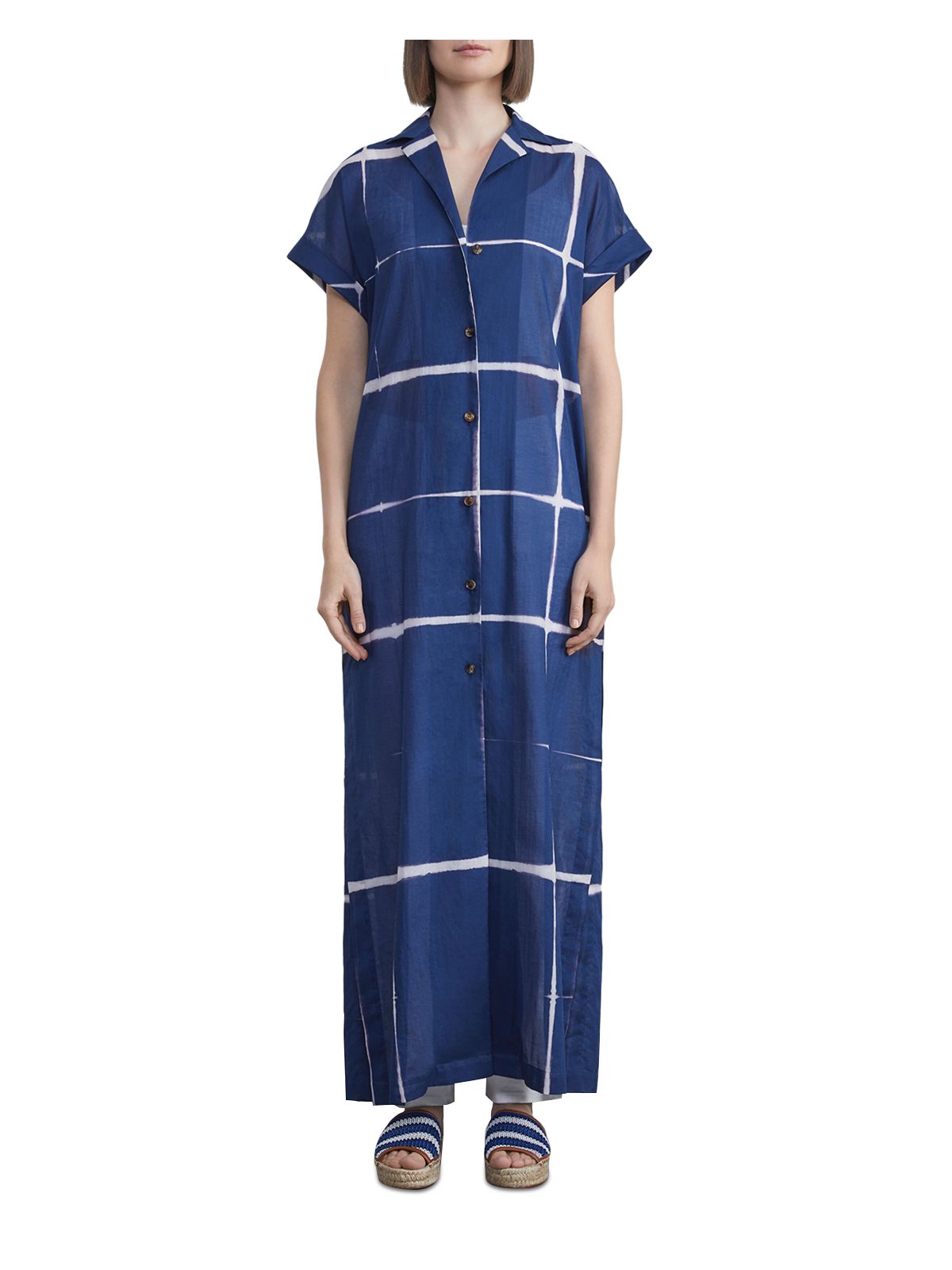 LAFAYETTE 148 NEW YORK Womens Blue Pocketed High Side Slit Duster Printed Short Sleeve Collared Button Up Cardigan XS