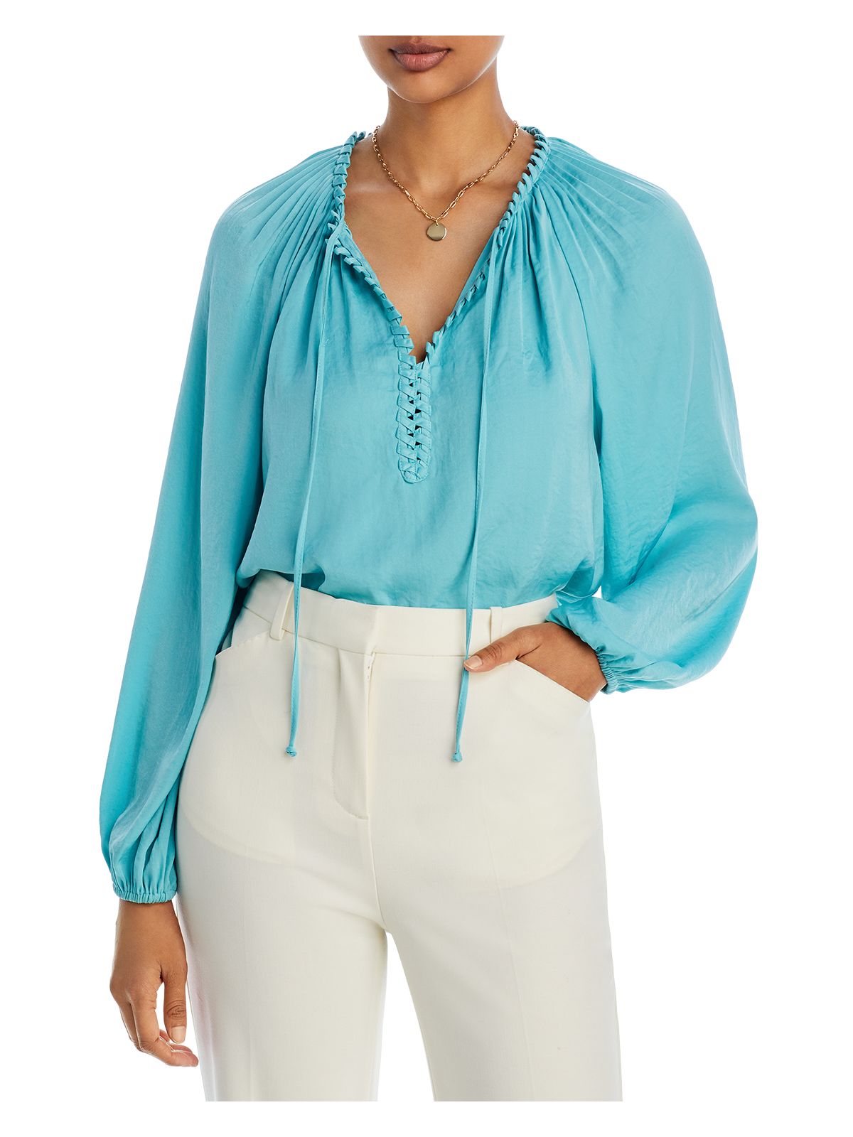 KOBI HALPERIN Womens Turquoise Pleated Tie Loop Trim Split Hem Balloon Sleeve Split Blouse M