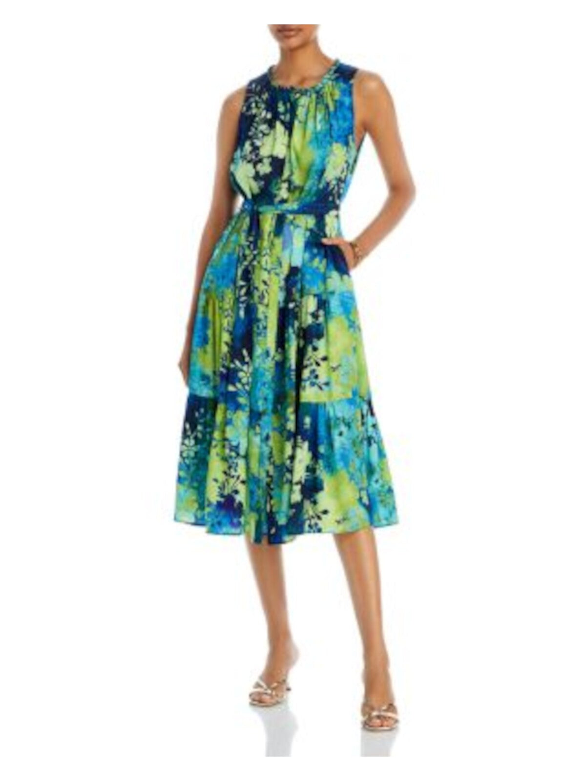 KOBI HALPERIN Womens Green Ruffled Pocketed Tie-belt Tiered Printed Sleeveless Round Neck Midi Fit + Flare Dress L